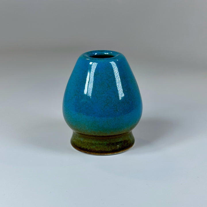 Blue ceramic matcha whisk holder kusenaoshi for drying and shaping a chasen.