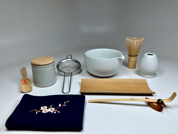 Ultimate matcha set with 9 ceremonial tools including bowl, whisk, sifter, and tray.